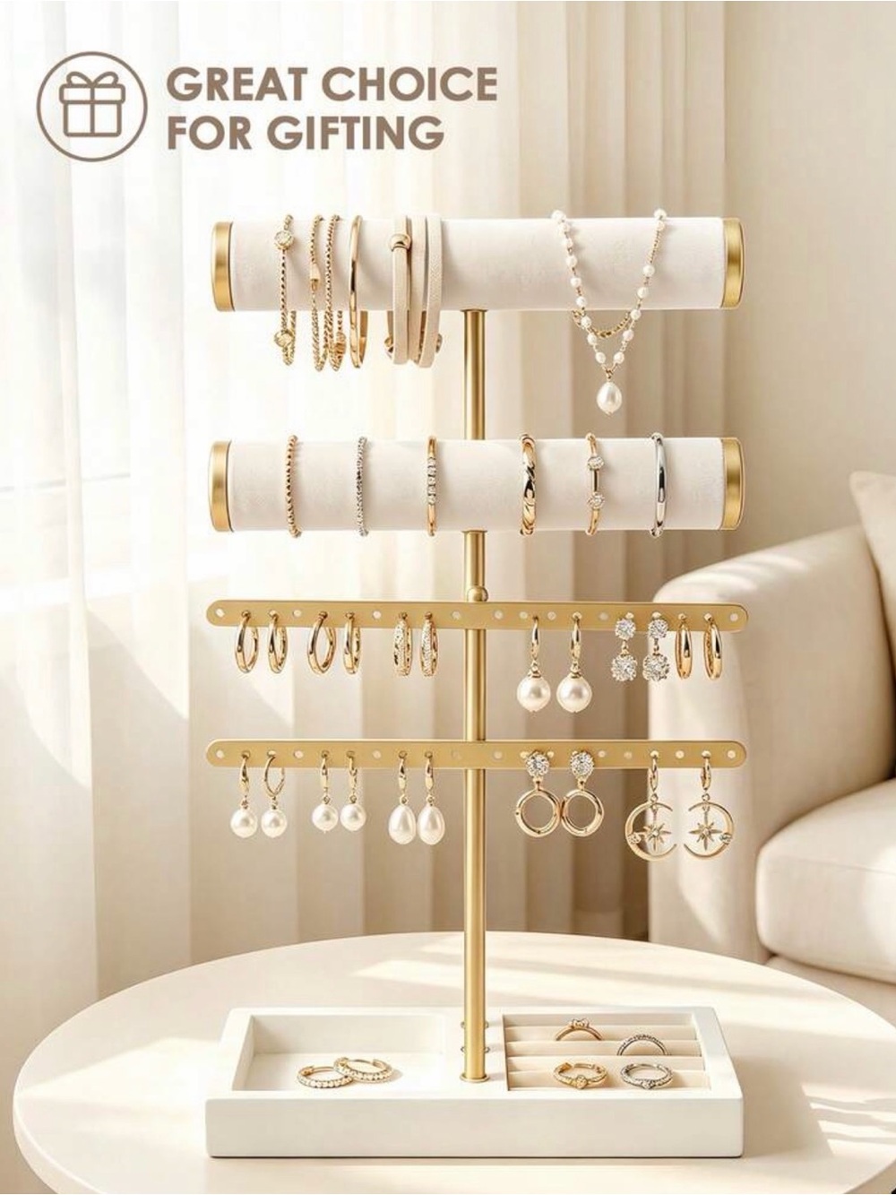 Elegant Gold and White Jewelry Organizer Stand - Women Jewelry Display